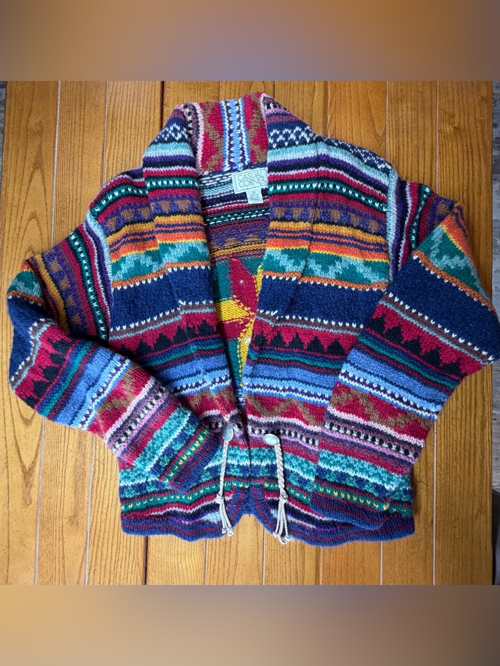 Vintage 1993 Casual Corner Shetland Wool Cardigan — Southwestern Fair Isle — Siz